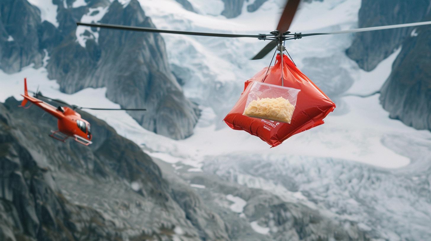 Helicopter drops a food packet as part of relief effort