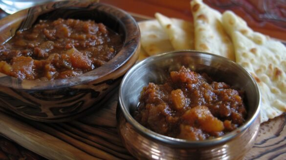 Vibrant red chutney paired with crispy dosa